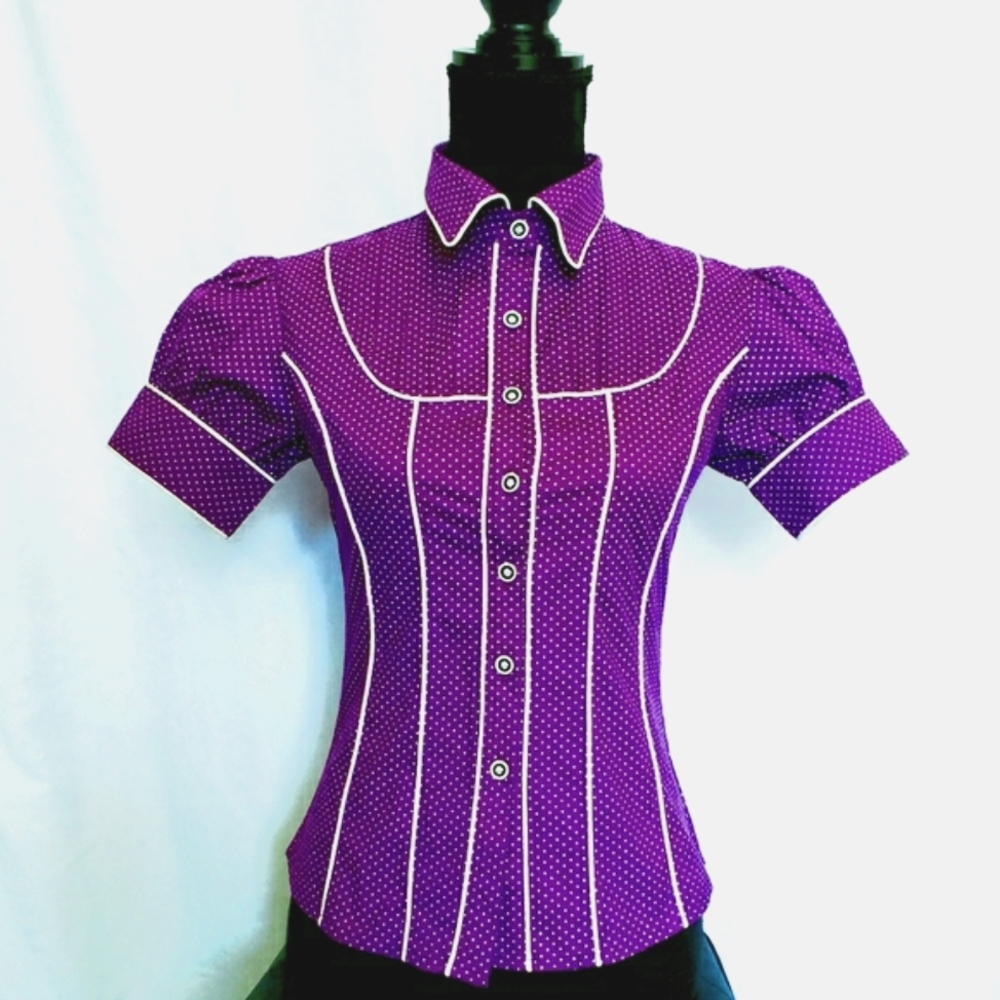 Short-Puffed-Sleeved dress top. Purple with White Polka dots.